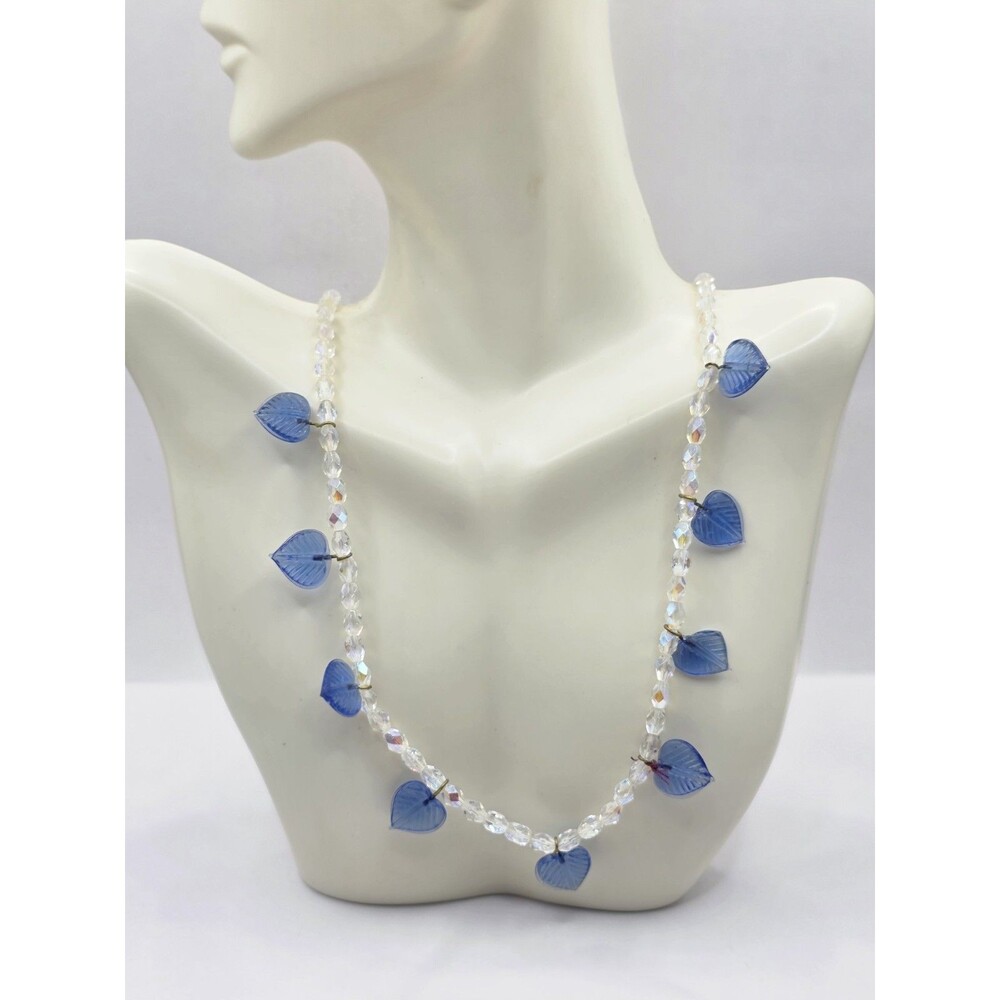 Clear Glass Bead w/ Blue Leaf Charms Necklace Barrel Clasp 18"
